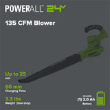 24V Cordless 135 CFM Leaf Blower / Sweeper w/ 2.0 Ah Battery
