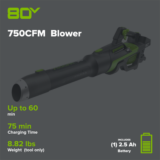 RENEWED 80V 750CFM Cordless Battery Leaf Blower: 2.5 Ah Battery and Charger