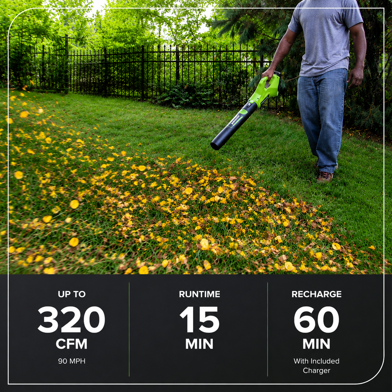 24V 320CFM Cordless Battery Leaf Blower: 2.0Ah Battery and Charger