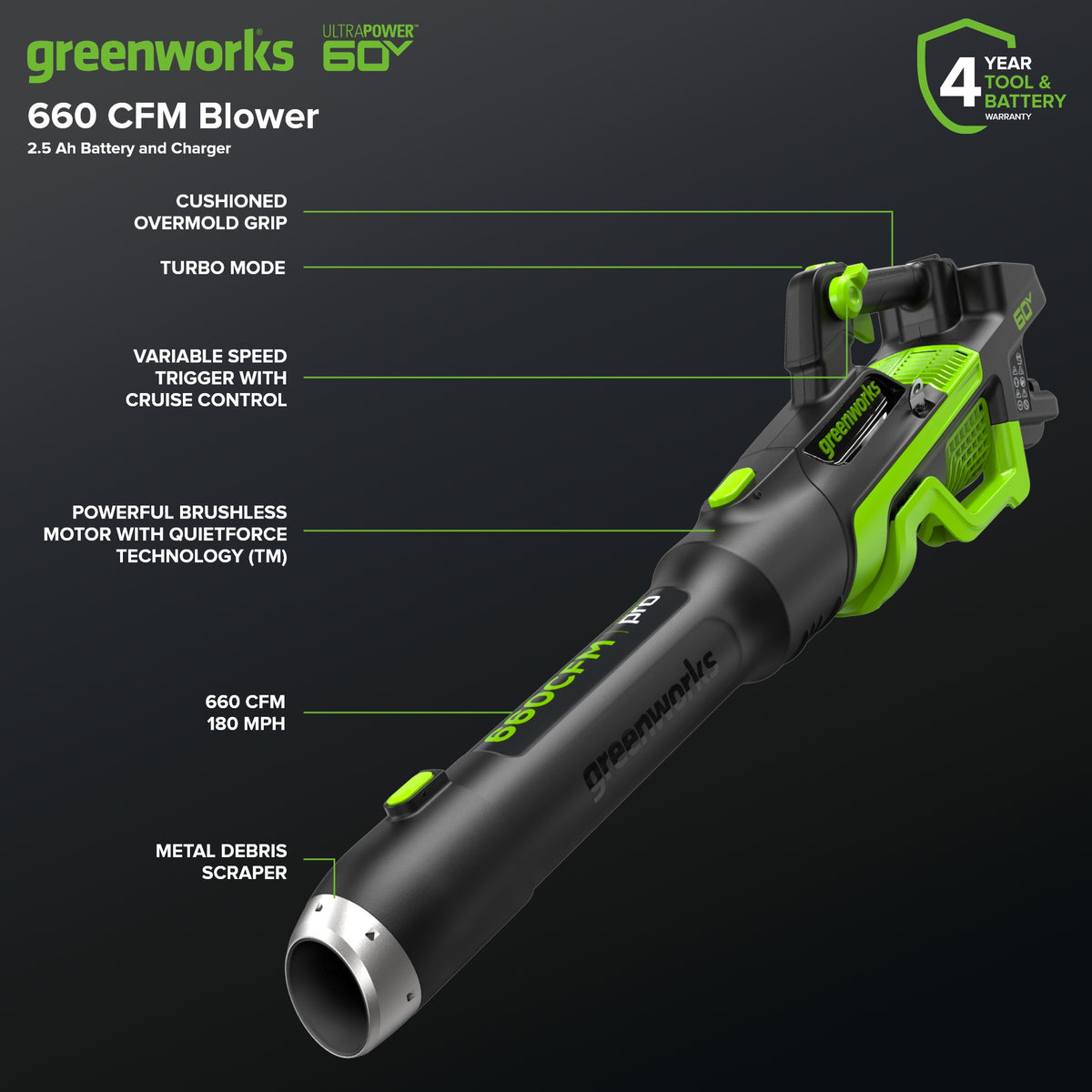 60V 660 CFM Cordless Battery Brushless Leaf Blower w/ 2.5Ah Battery & Charger