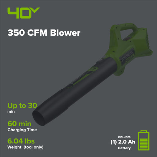 40V 350 CFM Cordless Battery Leaf Blower: 2.0 Ah Battery and Charger