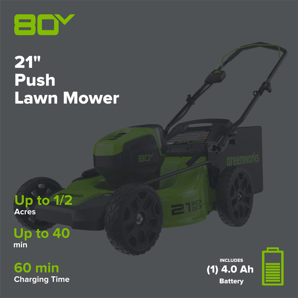 80V 21" Brushless 3-in-1 Push Lawn Mower: 4.0 Ah Battery and Charger