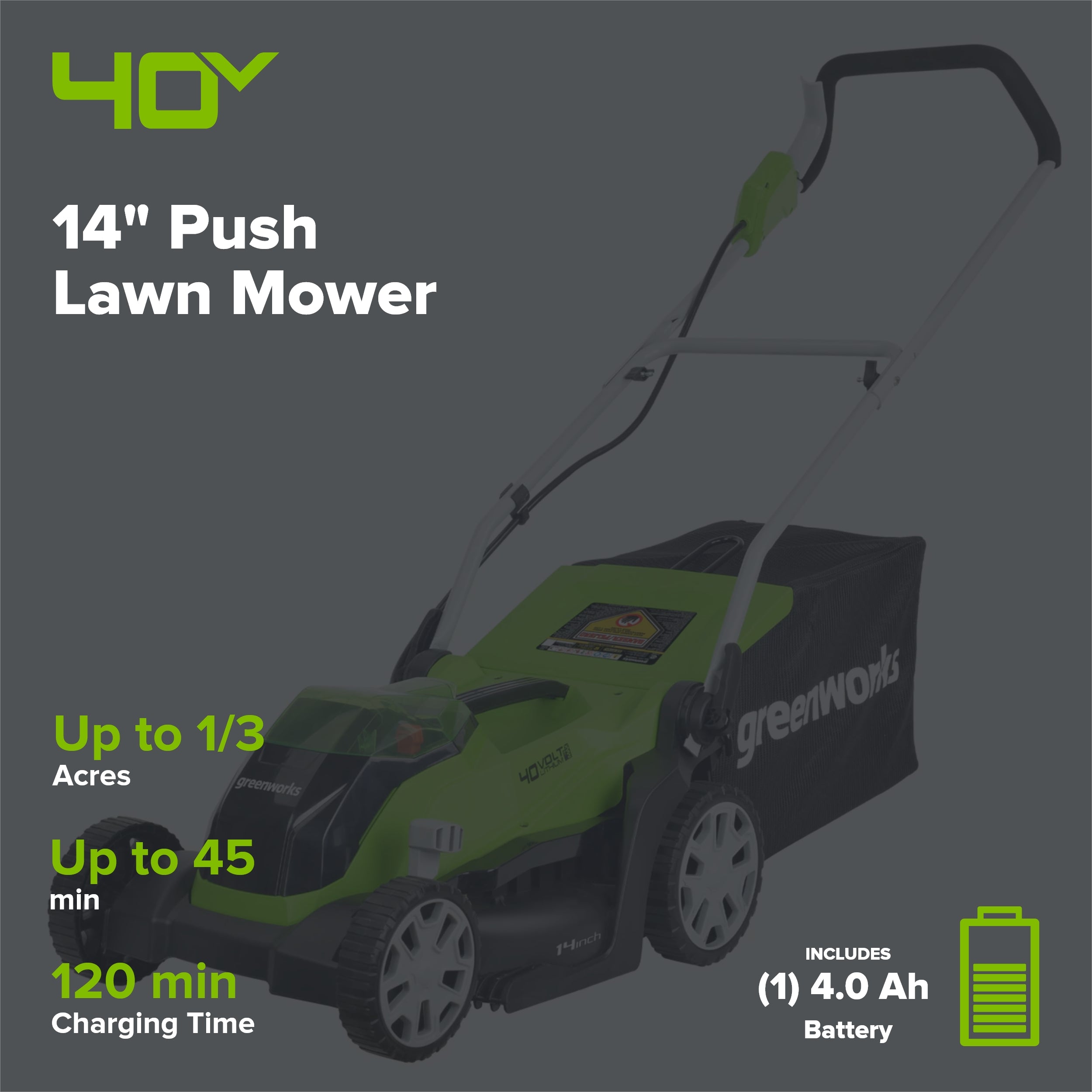 40V 14" Cordless Battery Push Lawn Mower: 4.0 Ah Battery and Charger