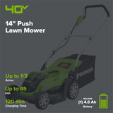 40V 14" Cordless Battery Push Lawn Mower: 4.0 Ah Battery and Charger