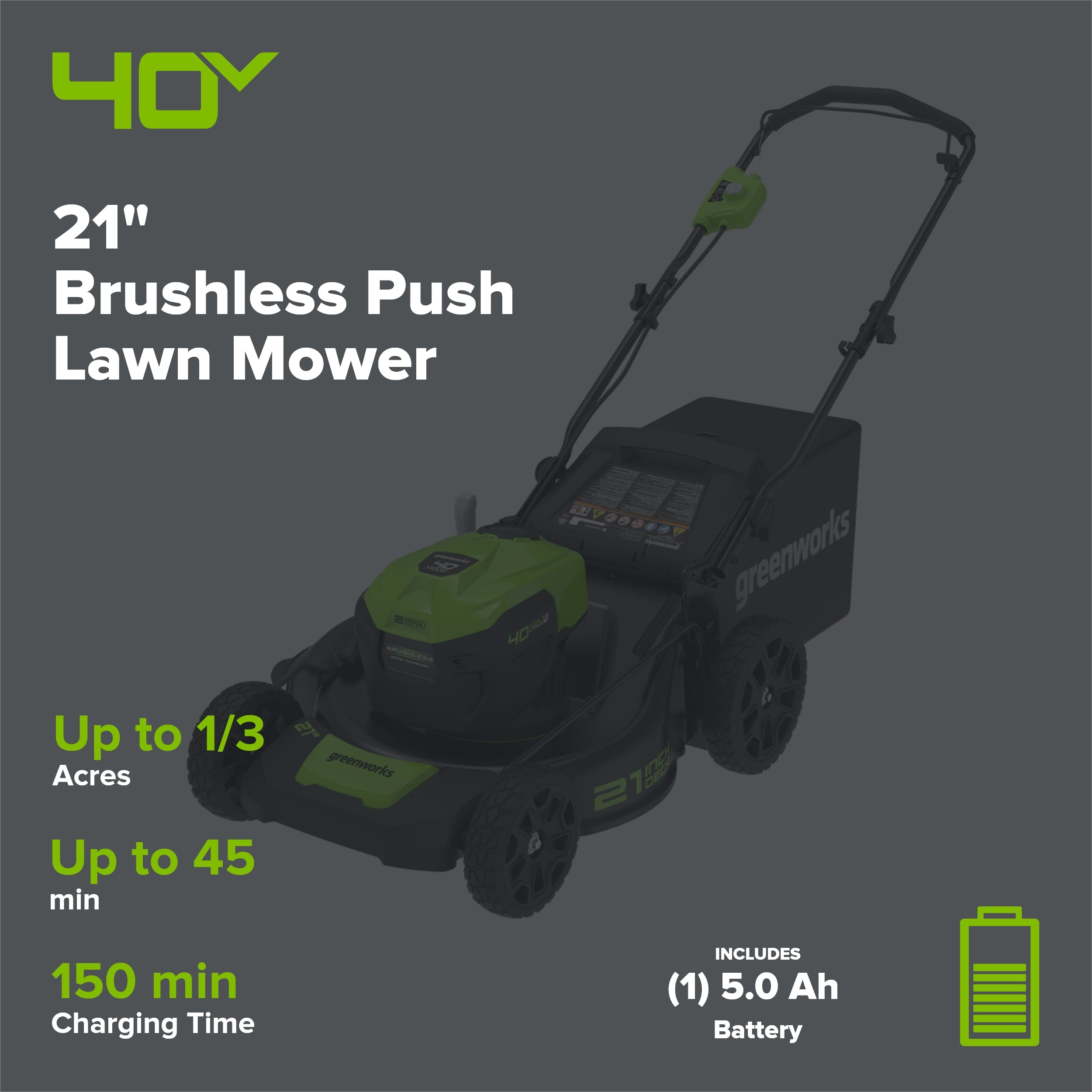 40V 21" Cordless Battery Brushless Push Lawn Mower: 5.0 Ah USB Battery and Charger