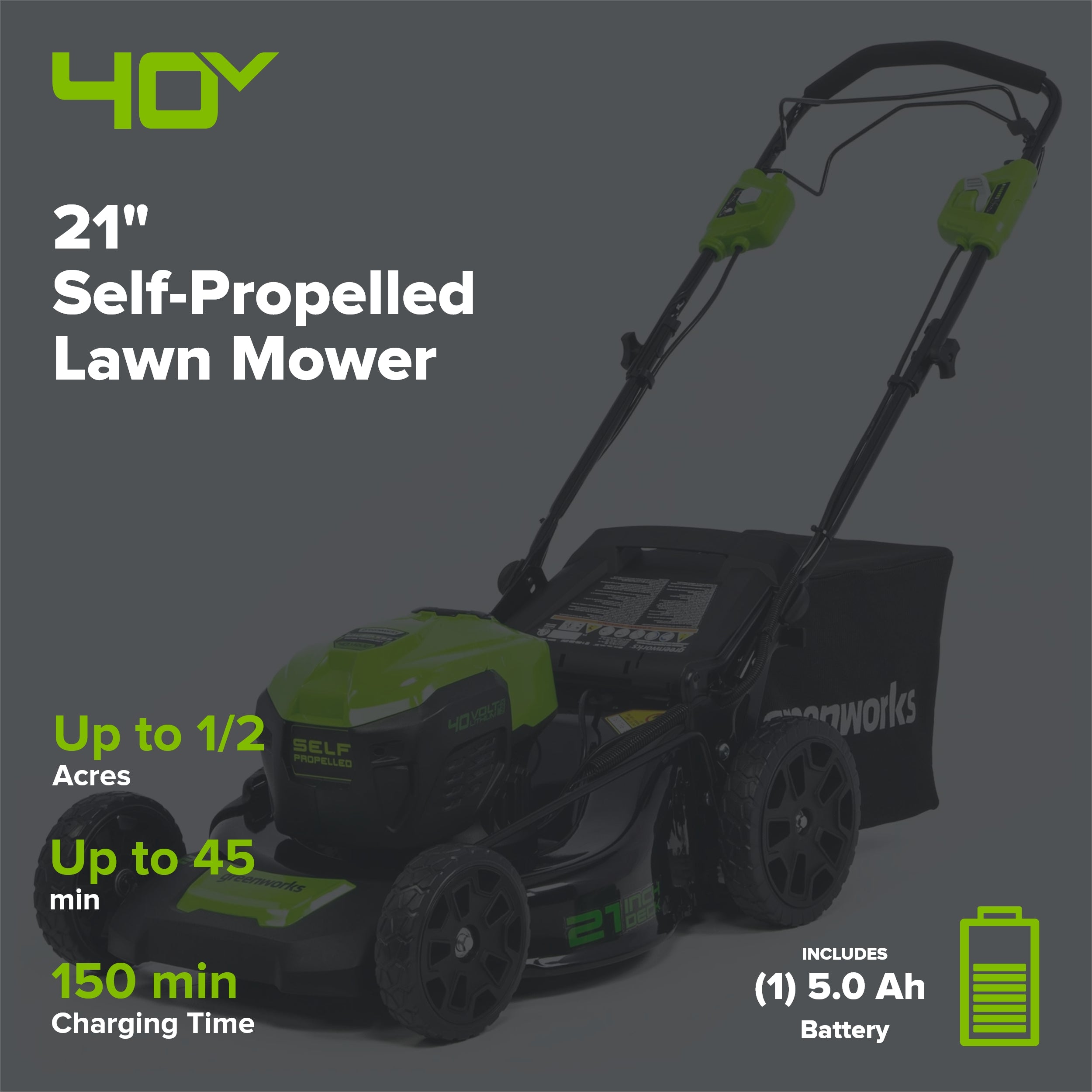 40V 21" Cordless Battery Self-Propelled Lawn Mower: 5.0 Ah USB Battery and Charger