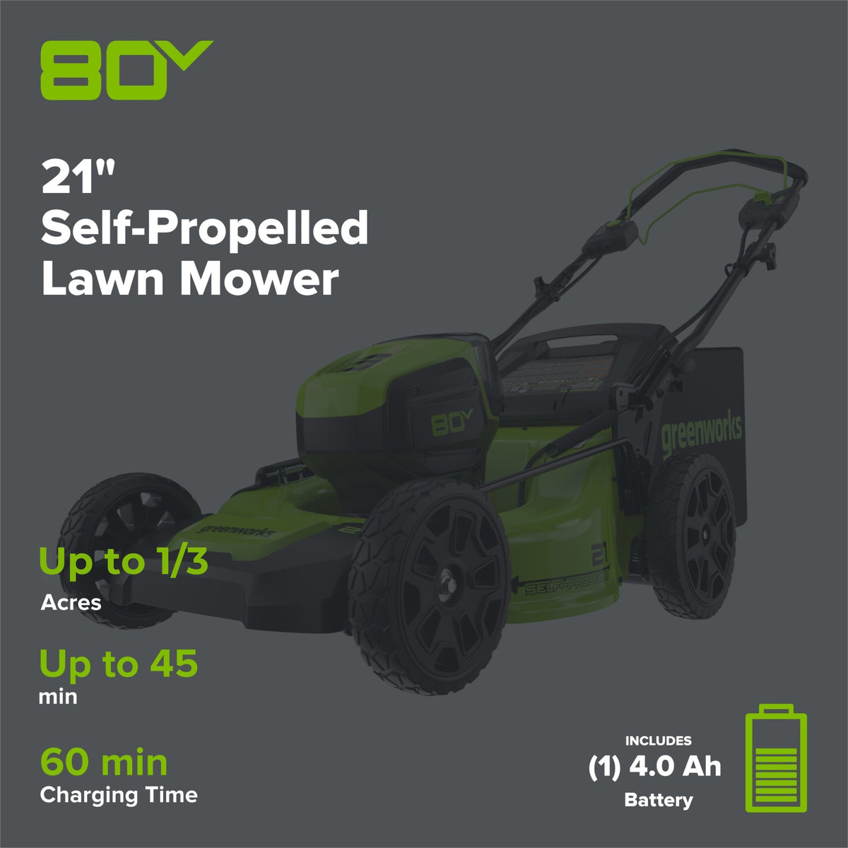 80V 21" Cordless Battery 3-in-1 Self-Propelled Lawn Mower w/ 4.0Ah Battery & Charger