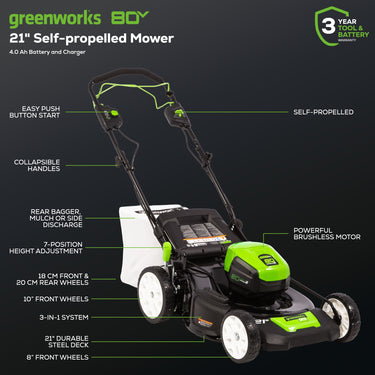 80V 21" Cordless Battery 3-in-1 Self-Propelled Lawn Mower w/ 4.0Ah Battery & Charger
