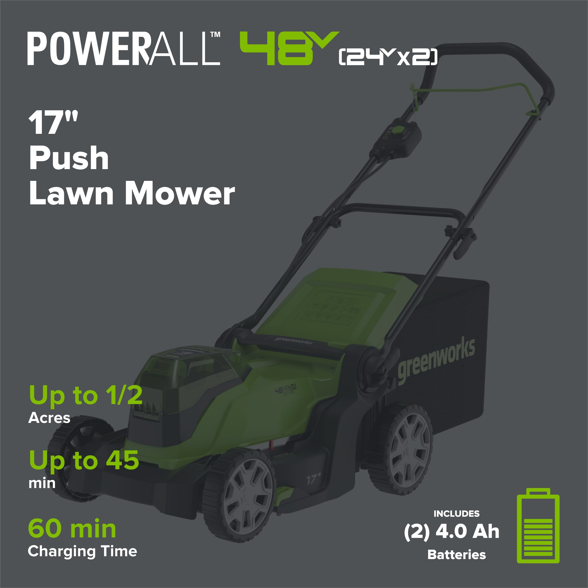 48V (24V x 2) 17" Cordless Battery Push Lawn Mower w/ Two (2) 4.0Ah USB Batteries & Dual Port Charger