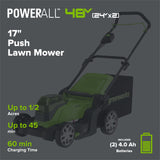 48V (24V x 2) 17" Cordless Battery Push Lawn Mower w/ Two (2) 4.0Ah USB Batteries & Dual Port Charger