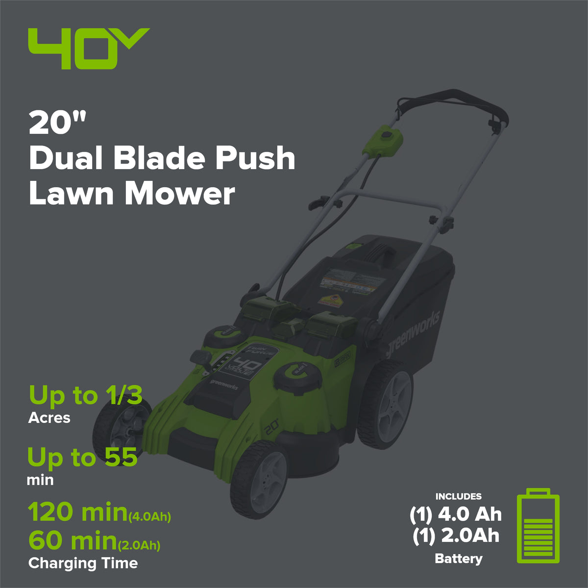40V 20" Cordless Battery Dual Blade Push Lawn Mower: 4.0 Ah and 2.0 Ah Batteries and Charger
