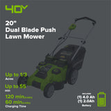 40V 20" Cordless Battery Dual Blade Push Lawn Mower: 4.0 Ah and 2.0 Ah Batteries and Charger