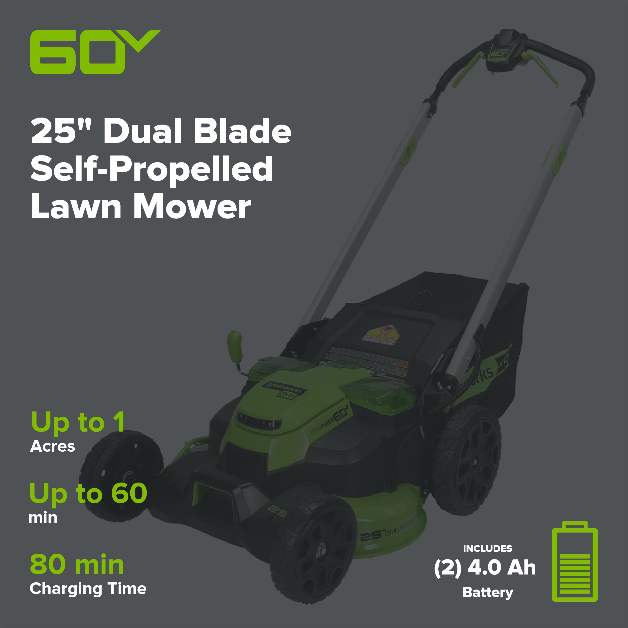 60V 25" Cordless Battery Dual Blade Self-Propelled Lawn Mower w/ Two (2) 4.0Ah Batteries & Dual-Port Charger