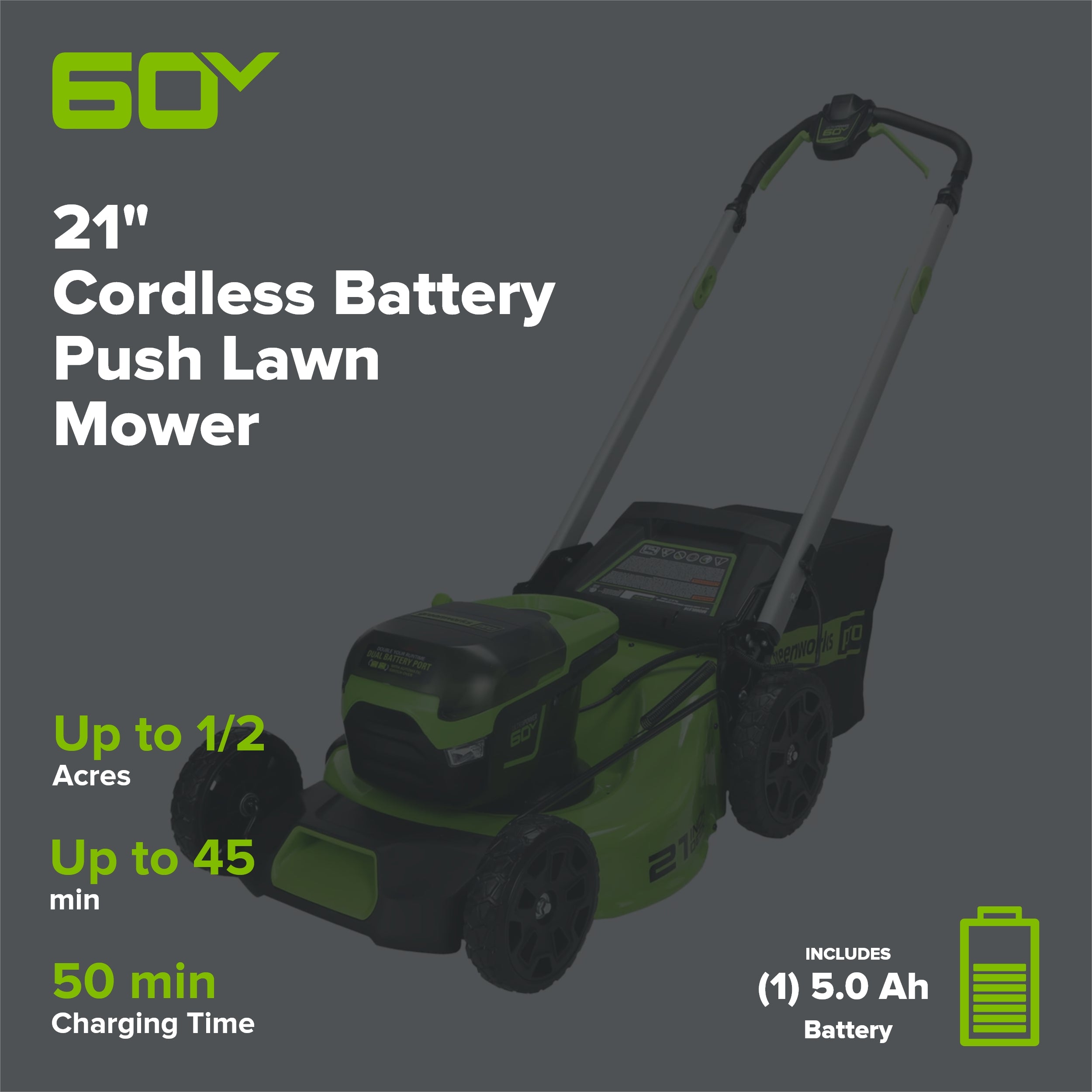 OPEN BOX 60V 21" Cordless Battery Push Lawn Mower: 5.0 Ah Battery and Charger
