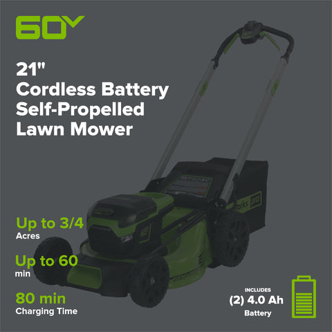 60V 21'' Self Propelled Lawn Mower & (2) 4.0 Ah Batteries | Greenworks ...