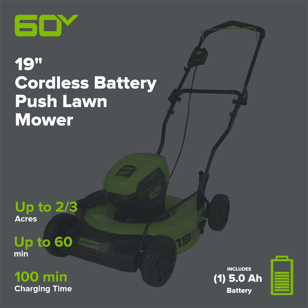 60V 19" Cordless Battery Push Lawn Mower w/ 5.0Ah Battery & Charger