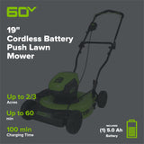 60V 19" Cordless Battery Push Lawn Mower w/ 5.0Ah Battery & Charger
