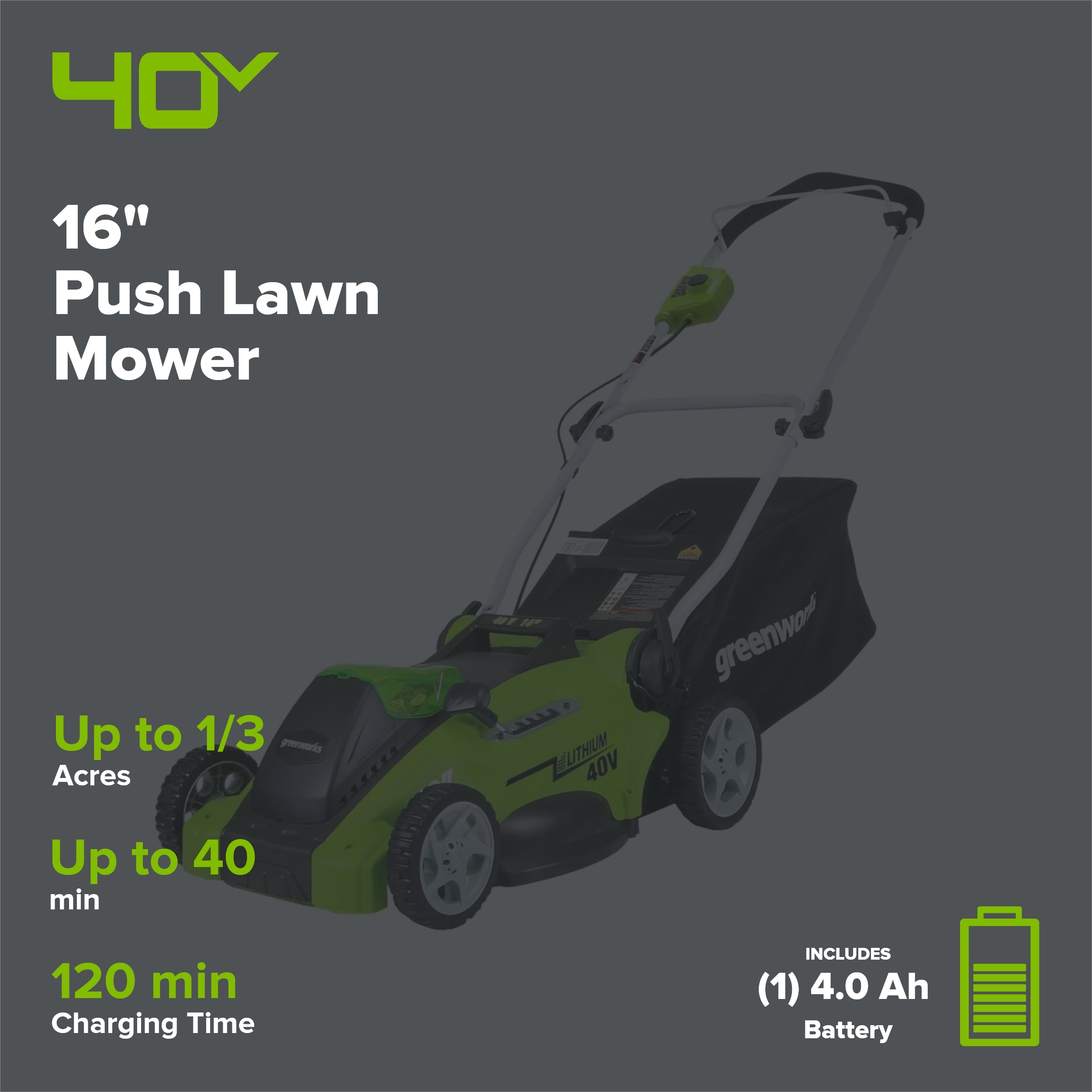 40V 16" Cordless Battery Push Lawn Mower w/ 4.0Ah Battery & Charger