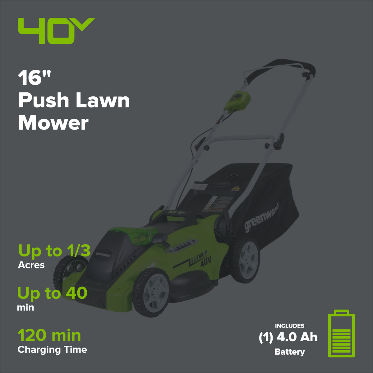 40V 16" Cordless Battery Push Lawn Mower w/ 4.0Ah Battery & Charger