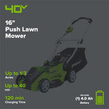 40V 16" Cordless Battery Push Lawn Mower w/ 4.0Ah Battery & Charger