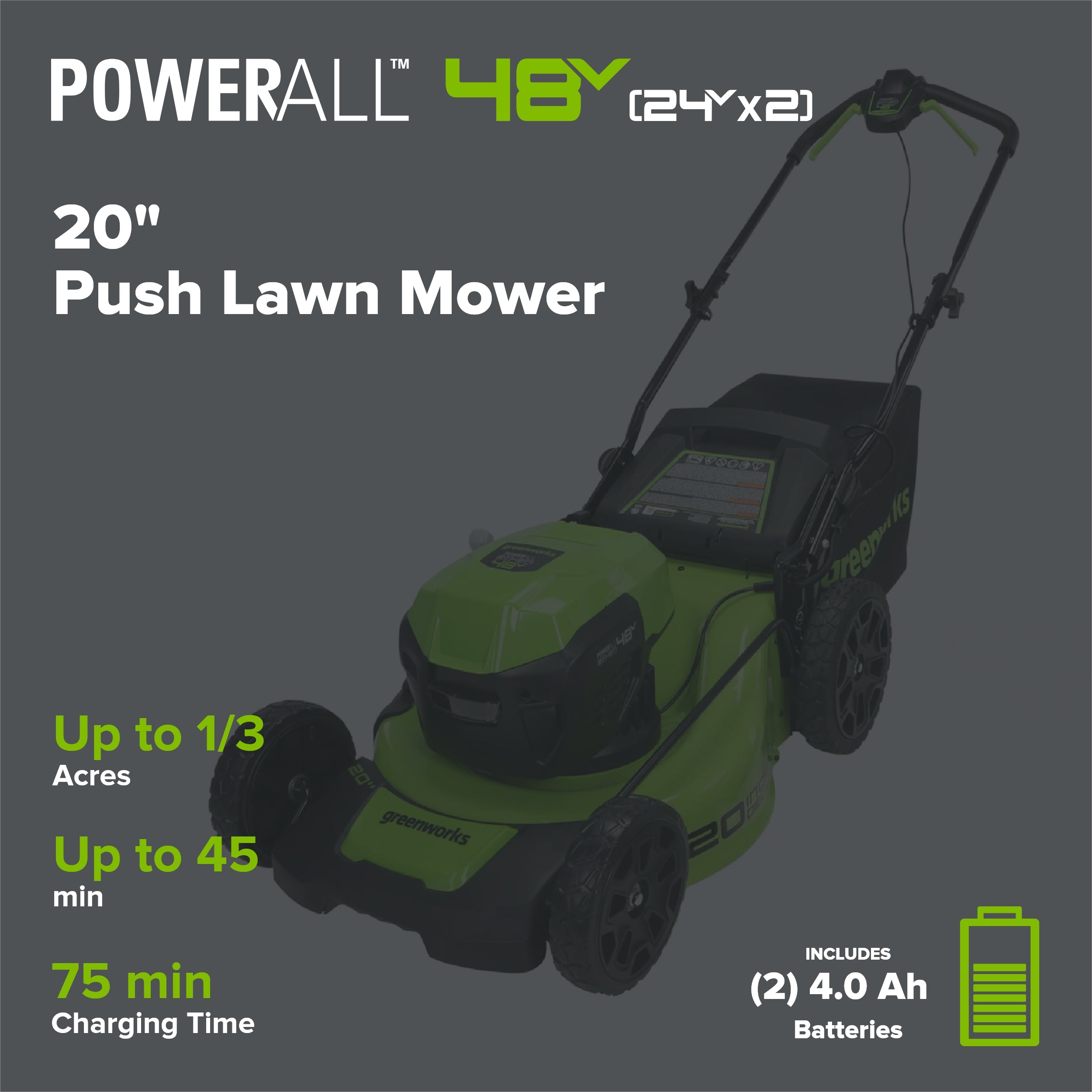 48V (24V x 2) 20" Cordless Battery Push Mower: (2) 4.0 Ah USB Batteries and Dual-Port Rapid Charger