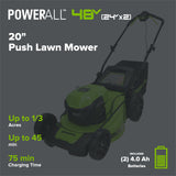 48V (24V x 2) 20" Cordless Battery Push Mower: (2) 4.0 Ah USB Batteries and Dual-Port Rapid Charger
