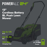 24V 13" Cordless Battery BL Push Lawn Mower: 4.0 Ah Battery and Charger
