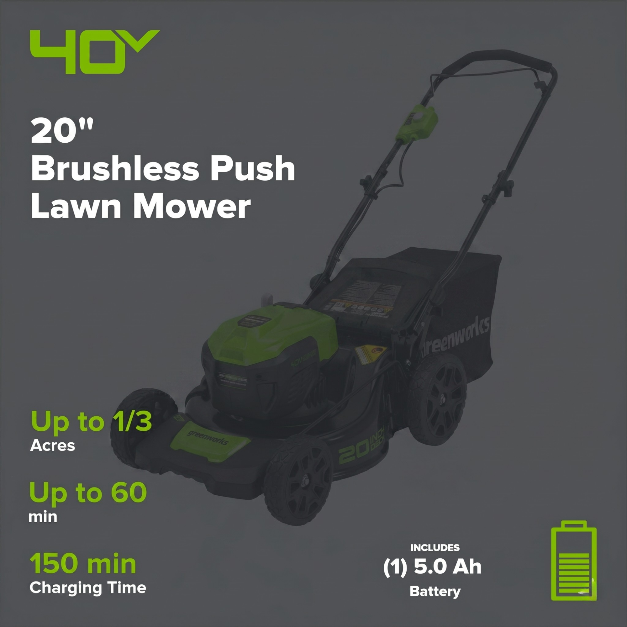 40V 20" Cordless Battery Push Lawn Mower 3PC Combo Kit, (1) 5.0Ah Battery: (1) 2.0 Ah Battery and (2) Chargers