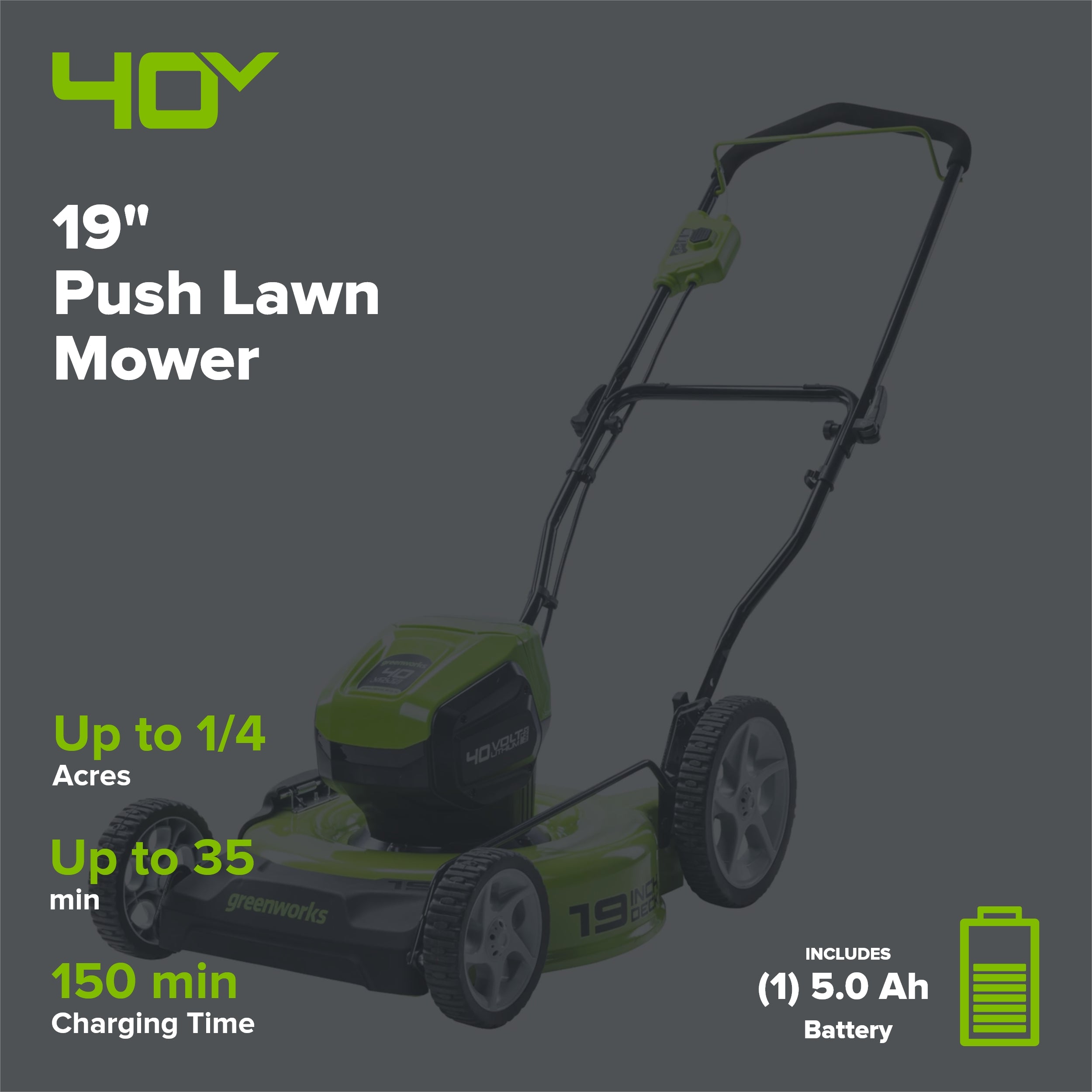 40V 19" Cordless Battery Push Lawn Mower: 5.0 Ah USB Battery and Charger