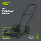 40V 19" Cordless Battery Push Lawn Mower: 5.0 Ah USB Battery and Charger
