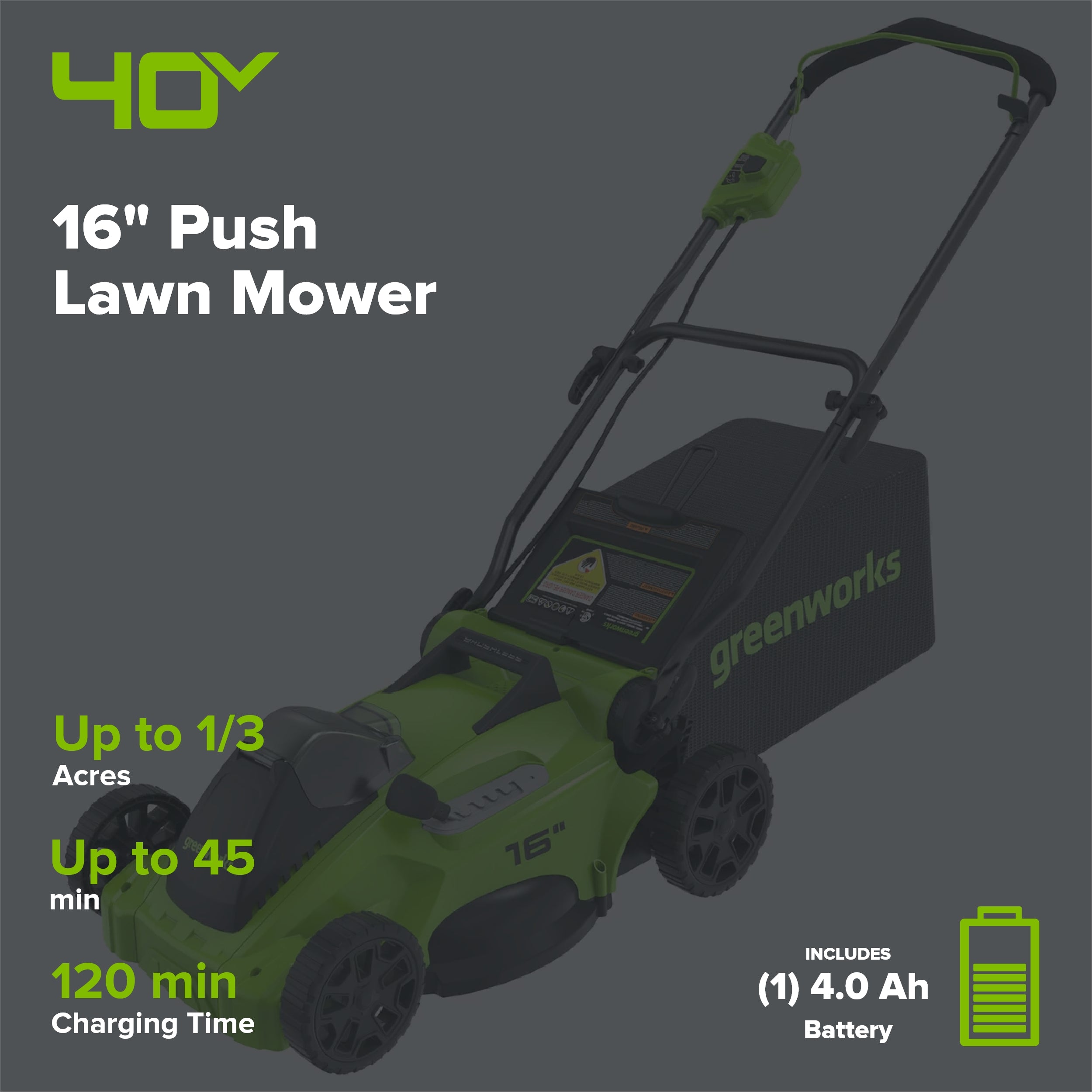 40V 16" Cordless Battery Brushless Push Lawn Mower: 4.0 Ah Battery and Charger