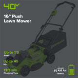 40V 16" Cordless Battery Brushless Push Lawn Mower: 4.0 Ah Battery and Charger