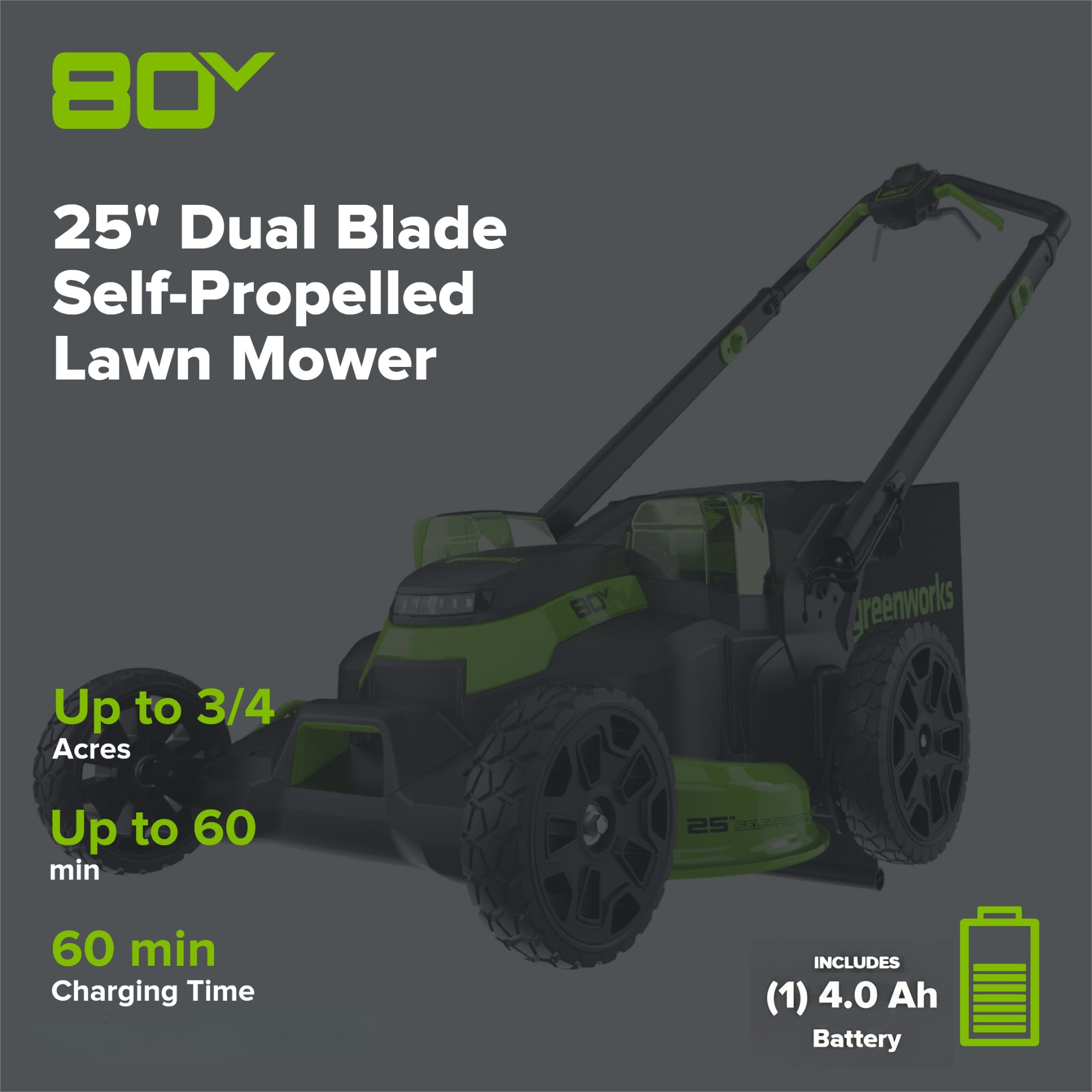 80V 25" Cordless Battery Dual Blade Self-Propelled Mower 2PC Combo Kit, (1) 4.0 Ah Battery and (1) Rapid Charger