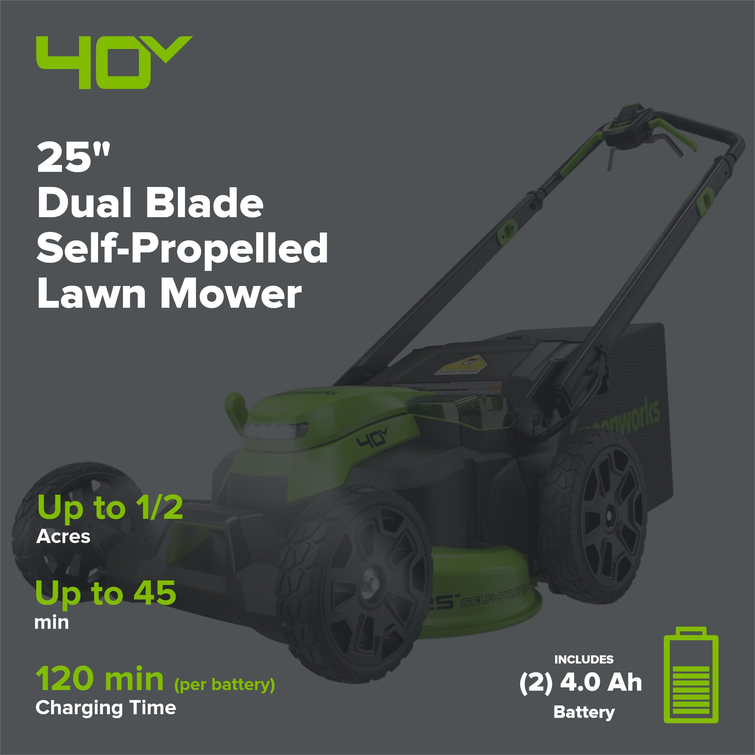 40V 25" Cordless Battery Brushless Dual Blade Self-Propelled Lawn Mower: (2) 4.0 Ah Batteries and Dual-Port Charger
