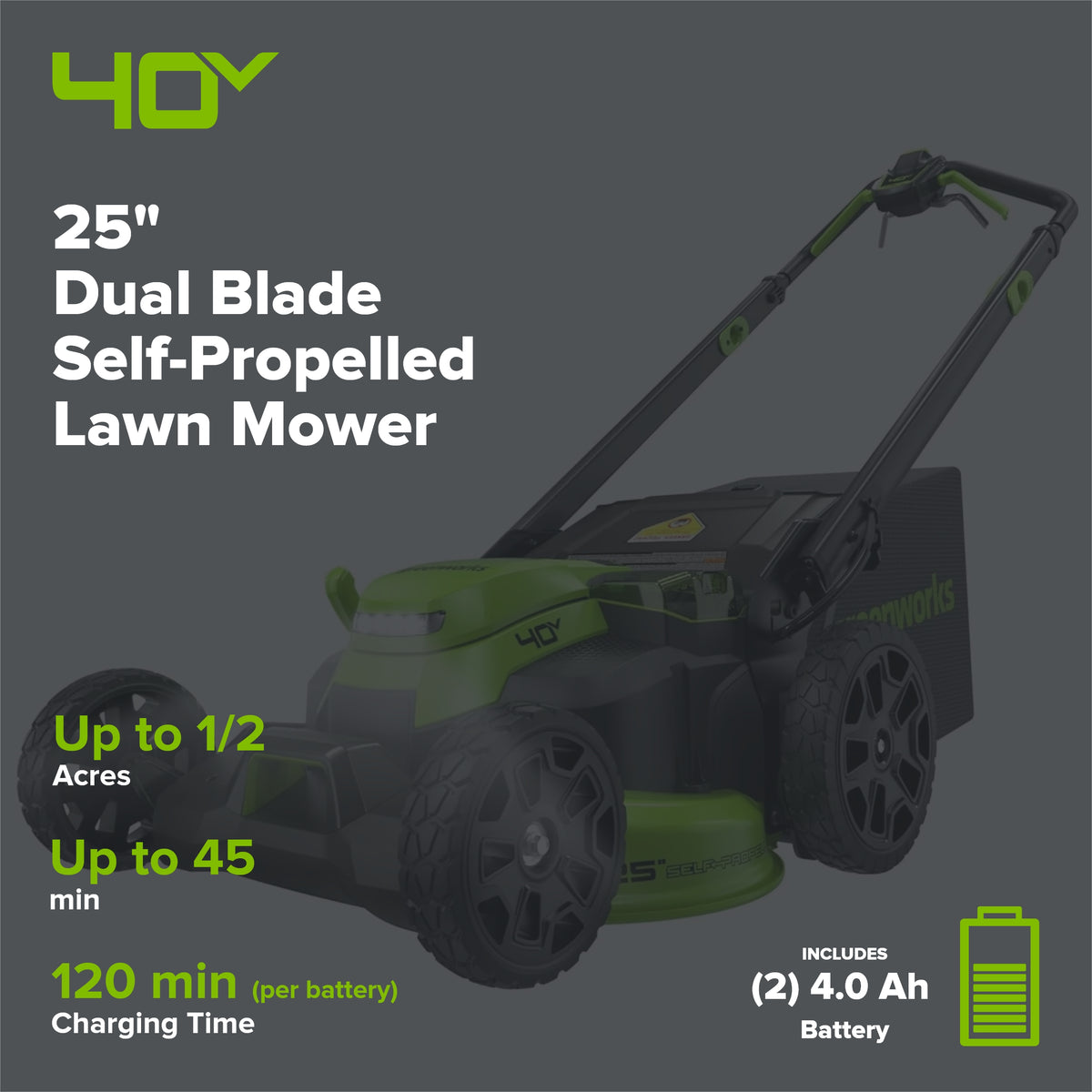 40V 25" Cordless Battery Brushless Dual Blade Self-Propelled Lawn Mower: (2) 4.0 Ah Batteries and Dual-Port Charger