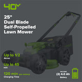 40V 25" Cordless Battery Brushless Dual Blade Self-Propelled Lawn Mower: (2) 4.0 Ah Batteries and Dual-Port Charger