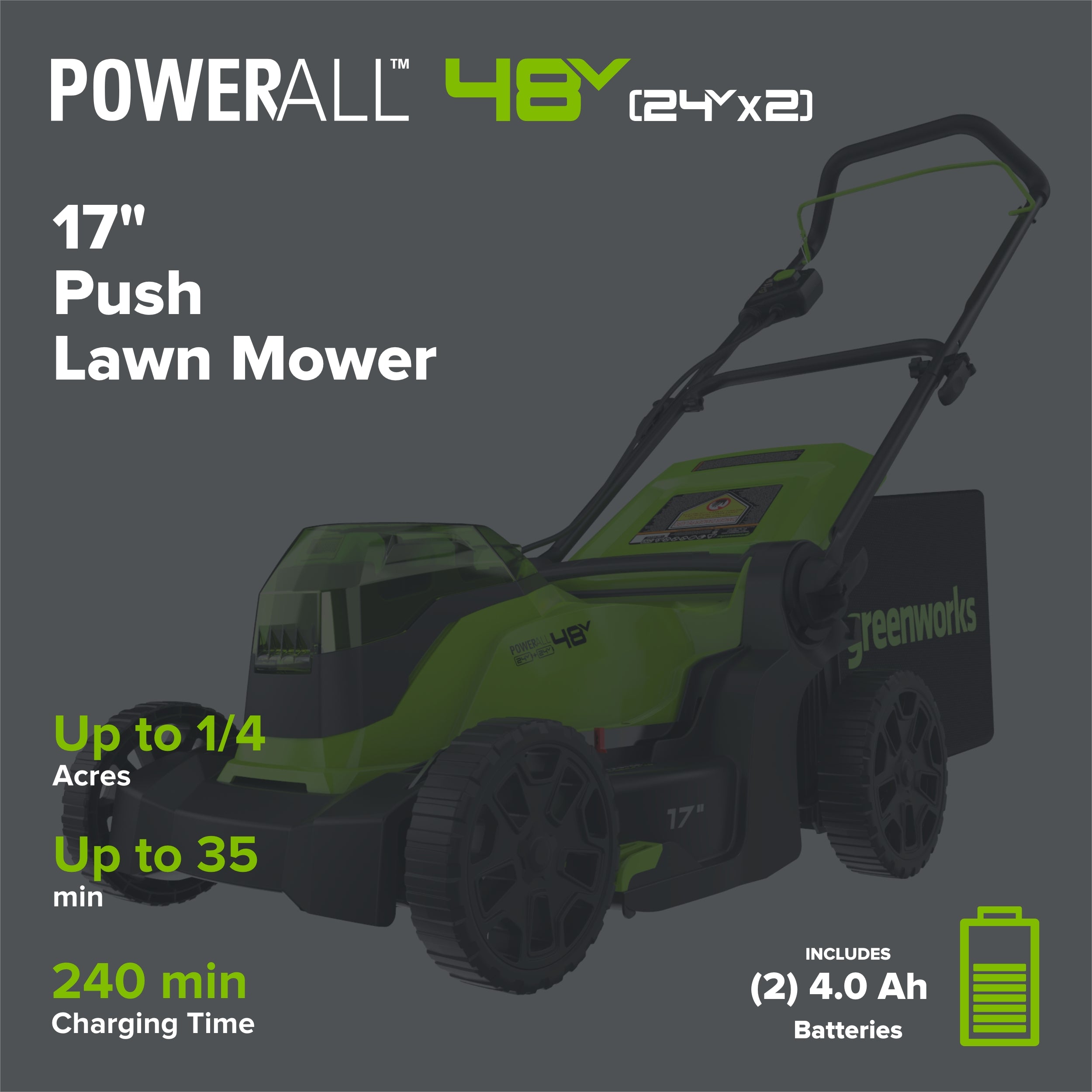 48V (24V x 2) 17" Cordless Battery Push Lawn Mower: (2) 4.0 Ah Batteries and Dual-Port Charger