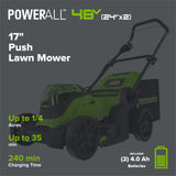 48V (24V x 2) 17" Cordless Battery Push Lawn Mower: (2) 4.0 Ah Batteries and Dual-Port Charger
