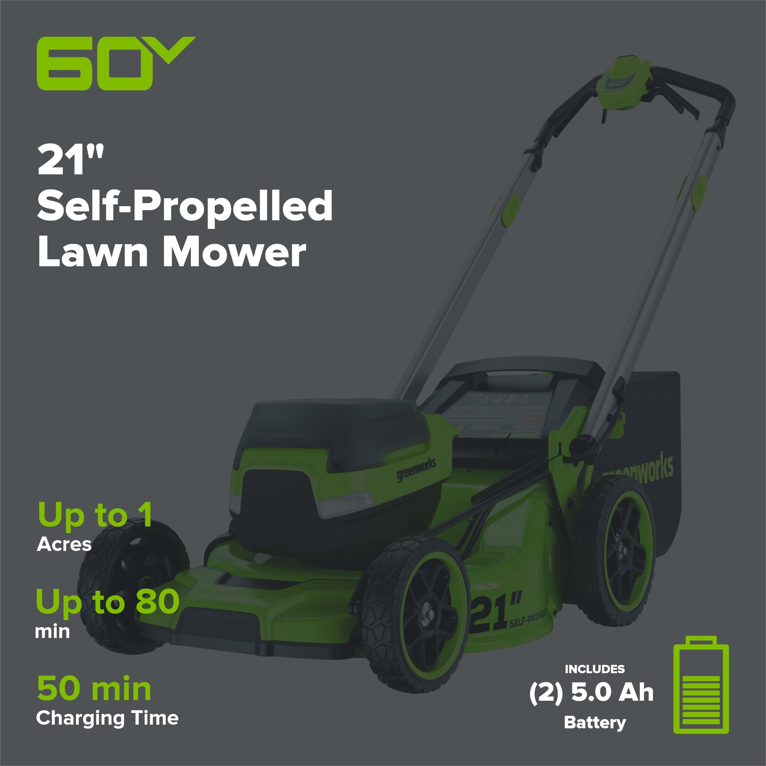 60V 21" Cordless Battery Self-Propelled Mower: (2) 5Ah Battery and 6A Rapid Charger
