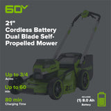 OPEN BOX 60V 21" Cordless Battery Dual Blade Self-Propelled Mower, (1) 8Ah battery and 6A Charger