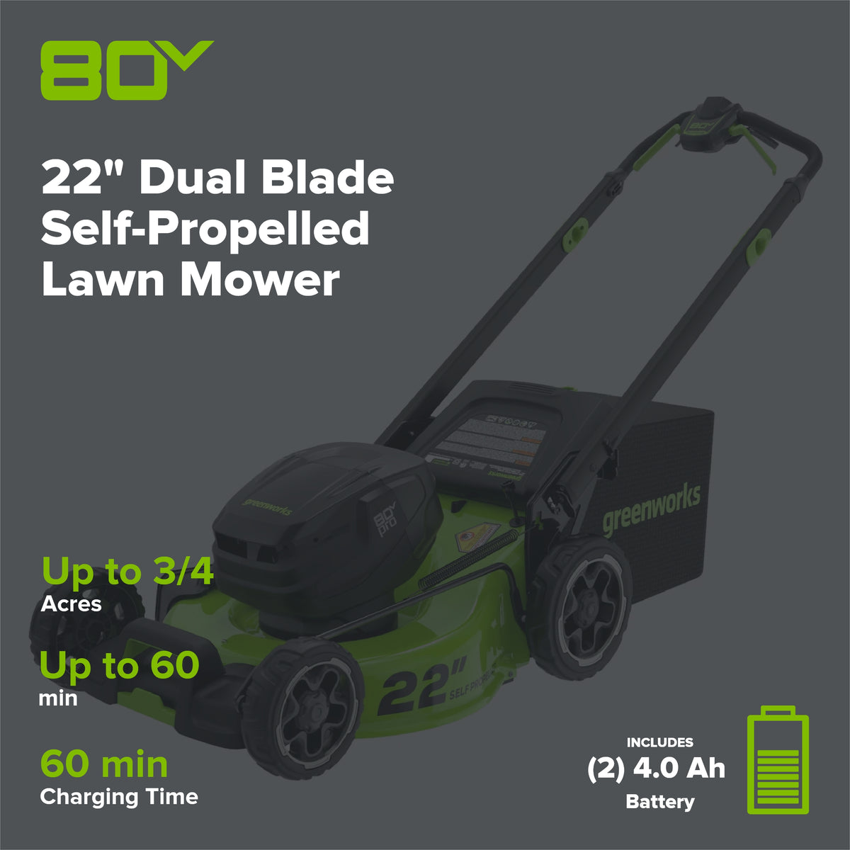 80V 22" Cordless Battery Dual Blade Self-Propelled Lawn Mower: (2) 4.0 Ah Batteries and Rapid Charger