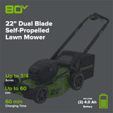 80V 22" Cordless Battery Dual Blade Self-Propelled Lawn Mower: (2) 4.0 Ah Batteries and Rapid Charger