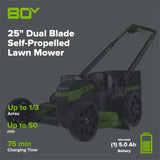 80V 25" Cordless Battery Dual Blade Self-Propelled Mower: 5.0 Ah Battery and Rapid Charger