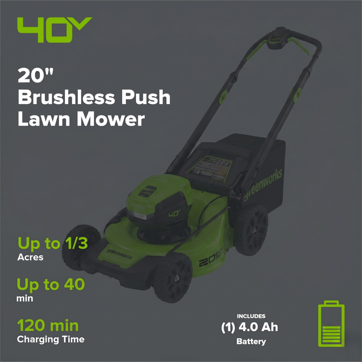 40V 20" Cordless Battery 4-in-1 Push Lawn Mower: 4.0 Ah Battery and 2A Charger