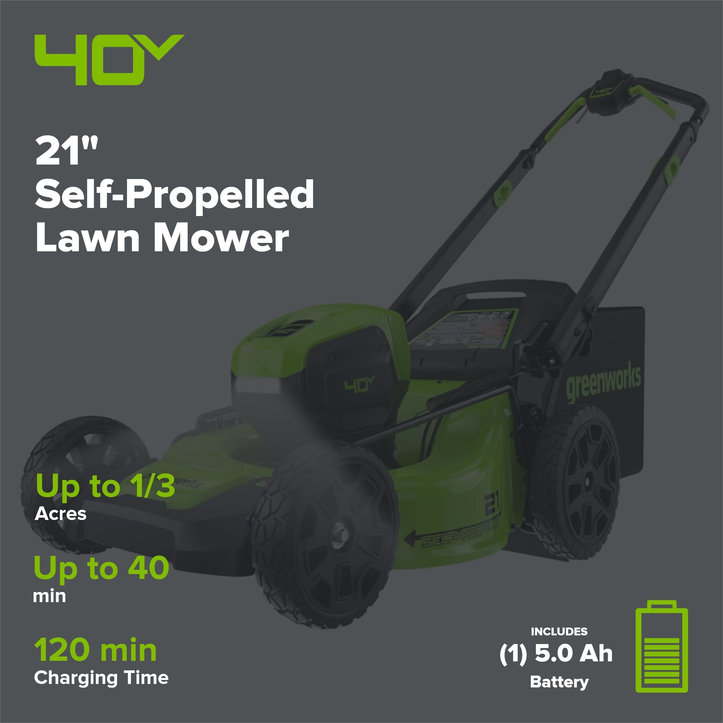 40V 21" Cordless Battery Self-Propelled Lawn Mower: 5.0 Ah Battery and 2A Charger