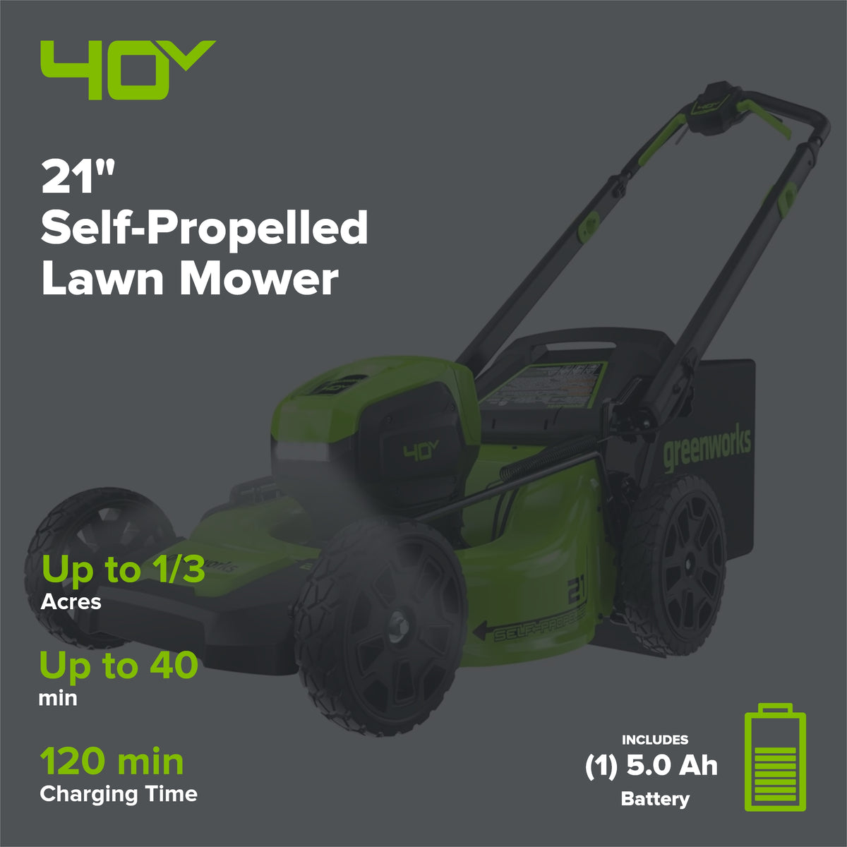 40V 21" Cordless Battery Self-Propelled Lawn Mower: 5.0 Ah Battery and 2A Charger
