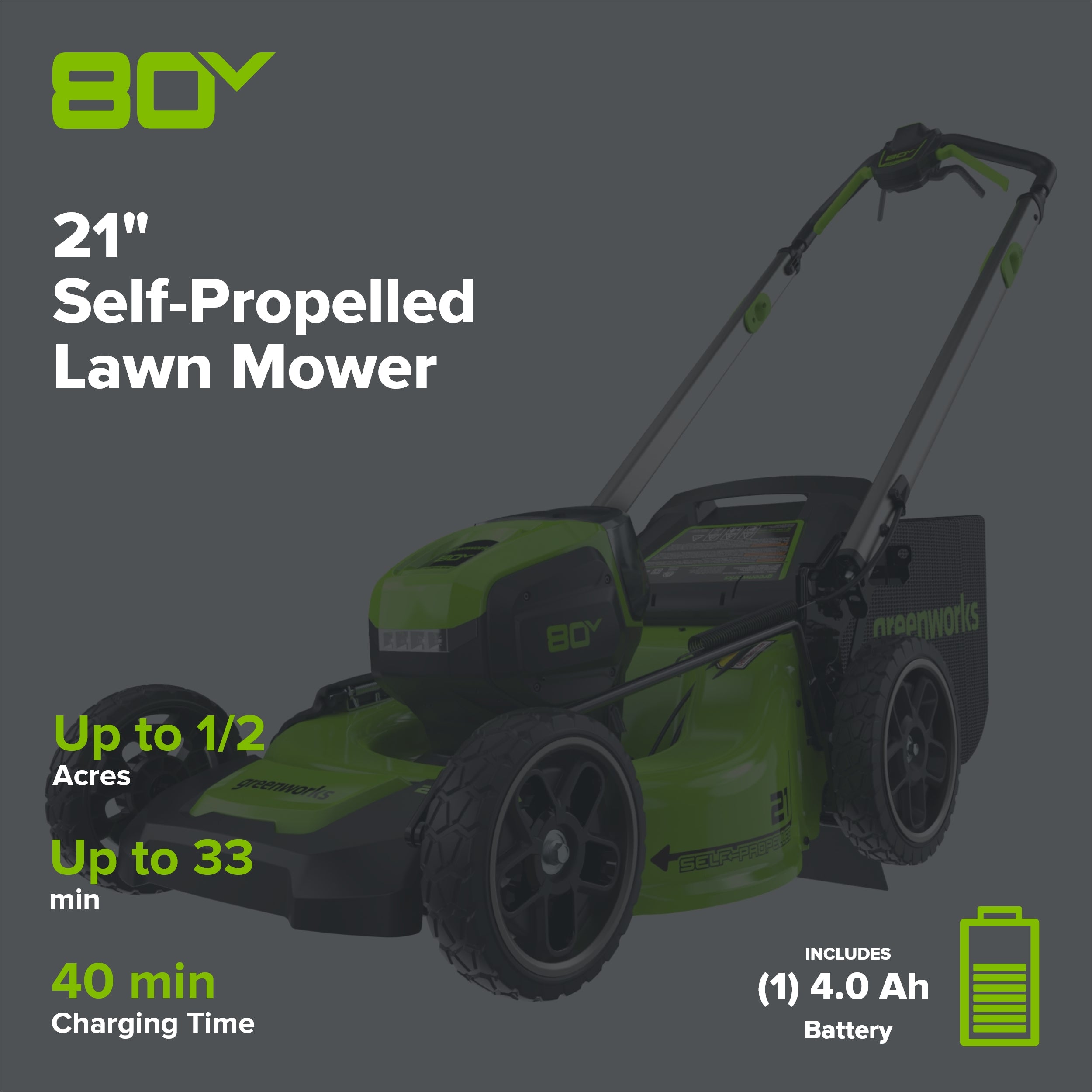 80V 21" Cordless Battery 4-in-1 Self-Propelled Lawn Mower: 4.0 Ah Battery and Charger
