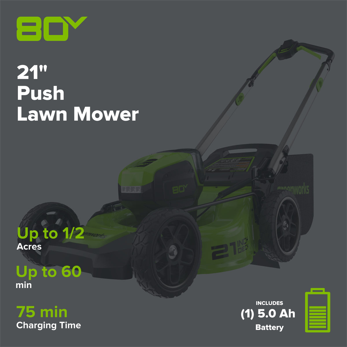 80V 21" Cordless Battery 4-in-1 Push Lawn Mower: 5.0 Ah Battery and 4A Charger