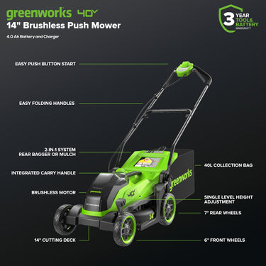 40V 14" Cordless Battery BL Push Lawn Mower w/ 4.0Ah Battery & Charger