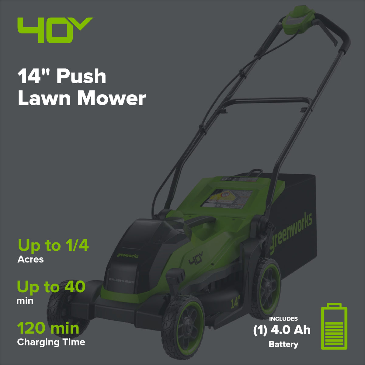 40V 14" Cordless Battery BL Push Lawn Mower: 4.0 Ah Battery and Charger